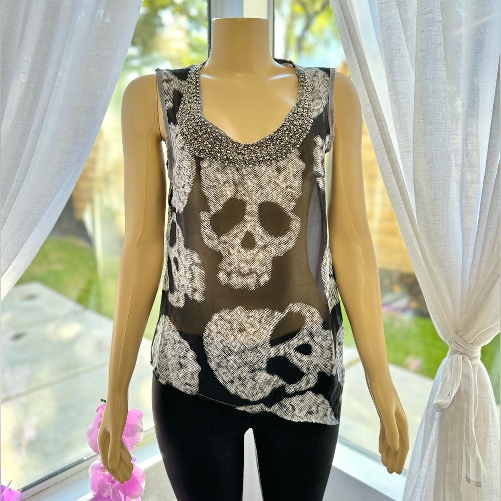 Gray Sheer Skull Blouse Size M Medium Sleeveless Goth Rock Top Shirt The Hanger